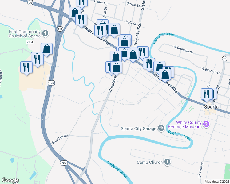 map of restaurants, bars, coffee shops, grocery stores, and more near 133 South Spring Street in Sparta