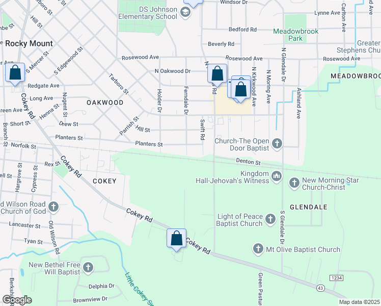 map of restaurants, bars, coffee shops, grocery stores, and more near 309 Ferndale Drive in Rocky Mount