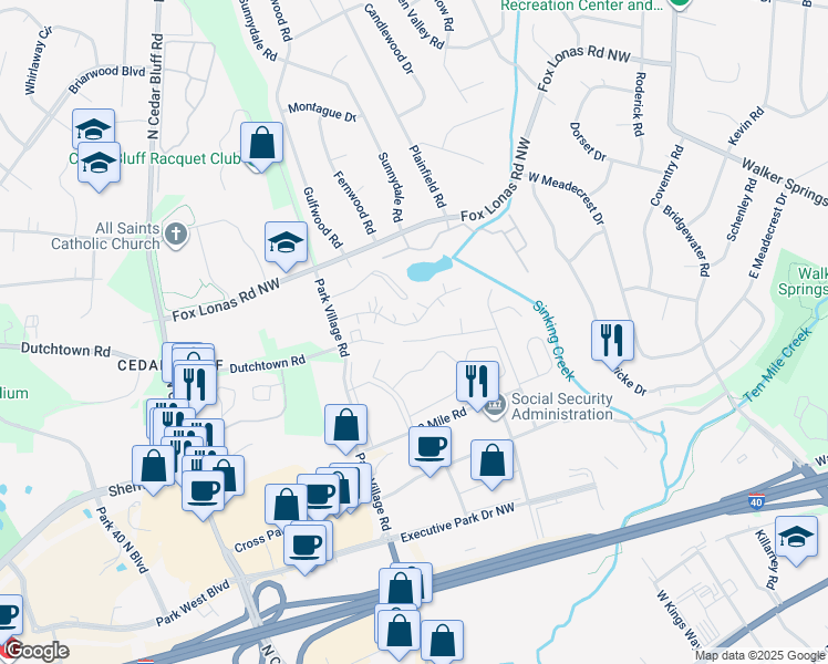 map of restaurants, bars, coffee shops, grocery stores, and more near 9130 Cedarpark Lane Northwest in Knoxville