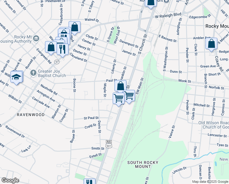 map of restaurants, bars, coffee shops, grocery stores, and more near 1336 South Franklin Street in Rocky Mount