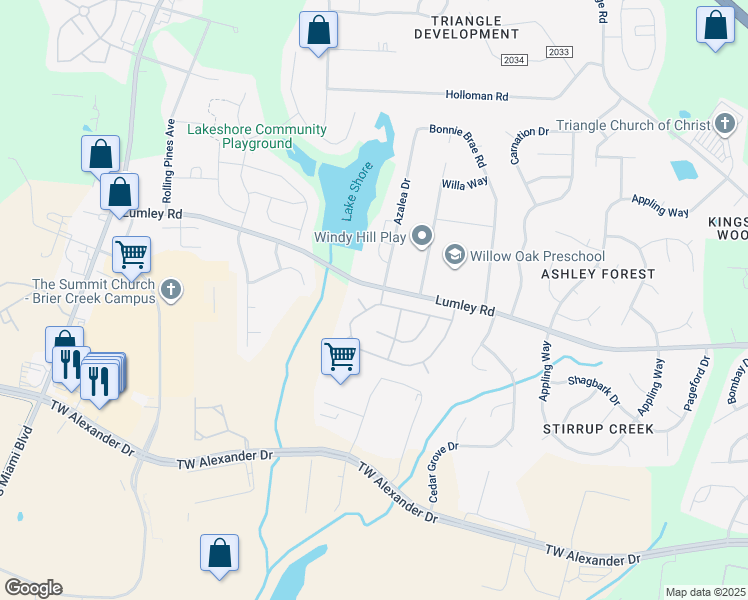 map of restaurants, bars, coffee shops, grocery stores, and more near 3205 Skybrook Lane in Durham