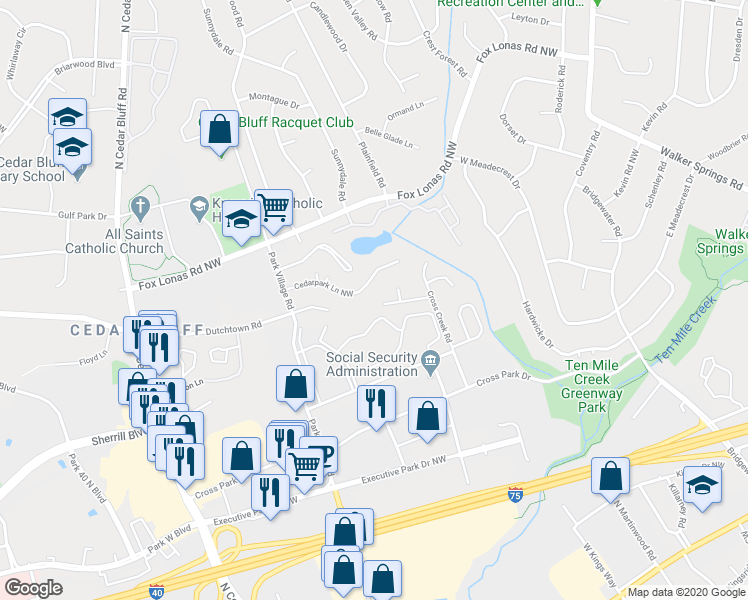 map of restaurants, bars, coffee shops, grocery stores, and more near 9023 Countryside Lane in Knoxville