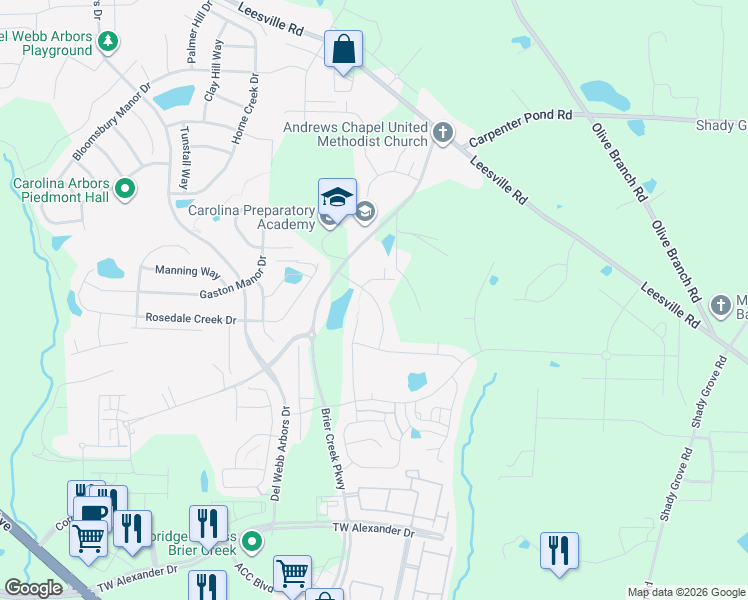 map of restaurants, bars, coffee shops, grocery stores, and more near 1131 Timbercut Drive in Durham