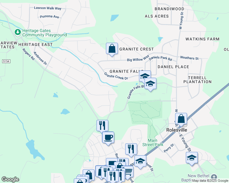 map of restaurants, bars, coffee shops, grocery stores, and more near 404 Adkins Ridge Road in Rolesville