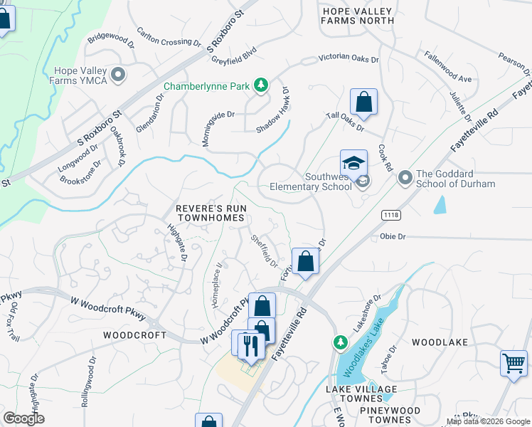 map of restaurants, bars, coffee shops, grocery stores, and more near 5500 Fortunes Ridge Drive in Durham