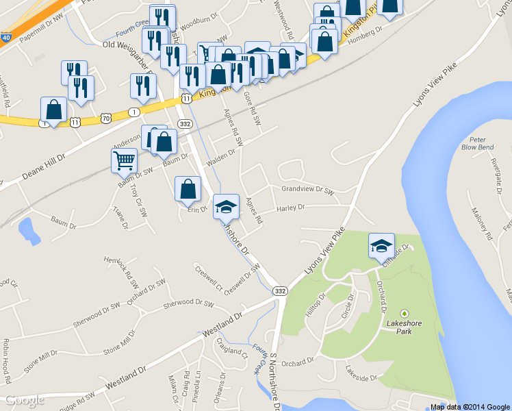 map of restaurants, bars, coffee shops, grocery stores, and more near 127 Sprankle Drive Southwest in Knoxville