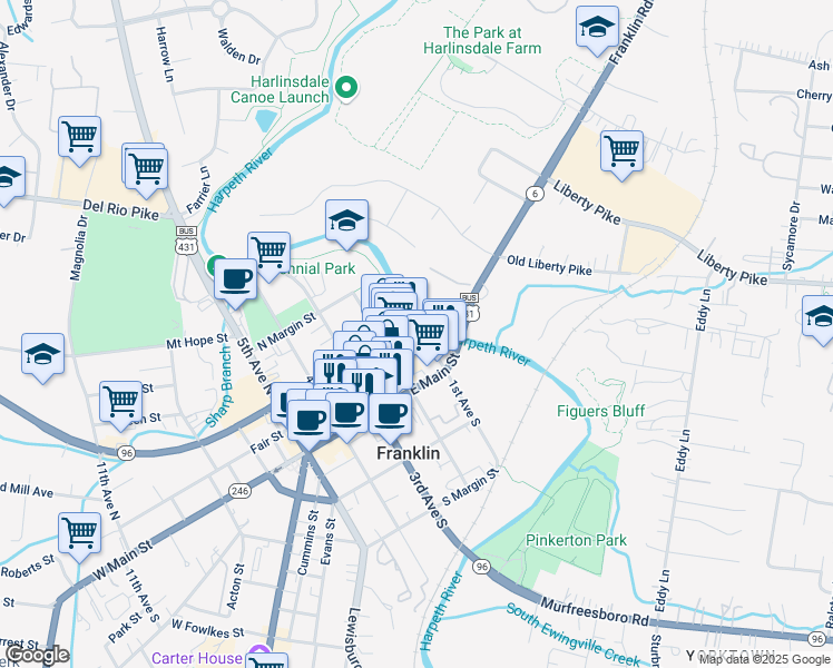 map of restaurants, bars, coffee shops, grocery stores, and more near 108 Bridge Street in Franklin
