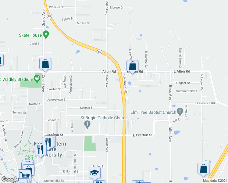 map of restaurants, bars, coffee shops, grocery stores, and more near 1300 Cedar Avenue in Tahlequah