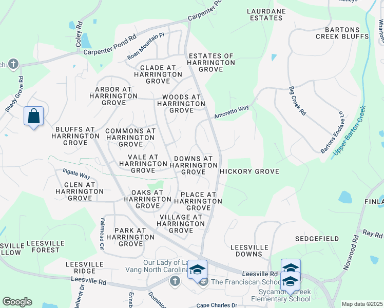 map of restaurants, bars, coffee shops, grocery stores, and more near 12216 Freemont Lane in Raleigh