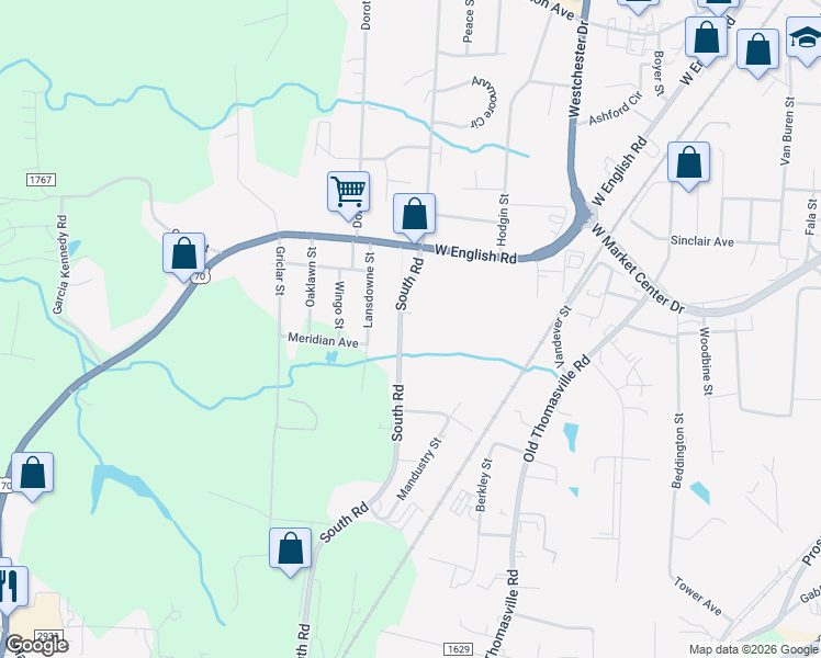 map of restaurants, bars, coffee shops, grocery stores, and more near 618 South Road in High Point