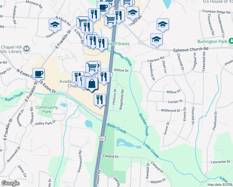 map of restaurants, bars, coffee shops, grocery stores, and more near 409 Hickory Drive in Chapel Hill