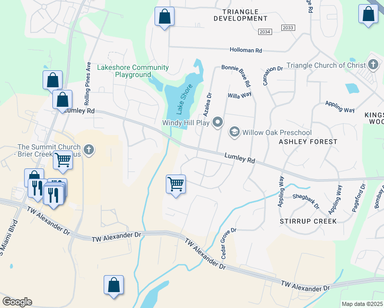 map of restaurants, bars, coffee shops, grocery stores, and more near 3205 Skybrook Lane in Durham