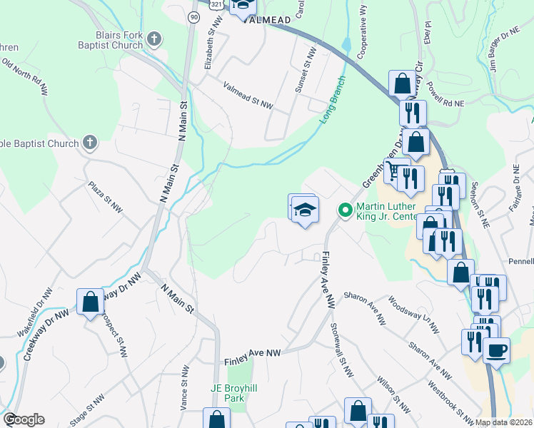 map of restaurants, bars, coffee shops, grocery stores, and more near 1007 Warren Place Northwest in Lenoir