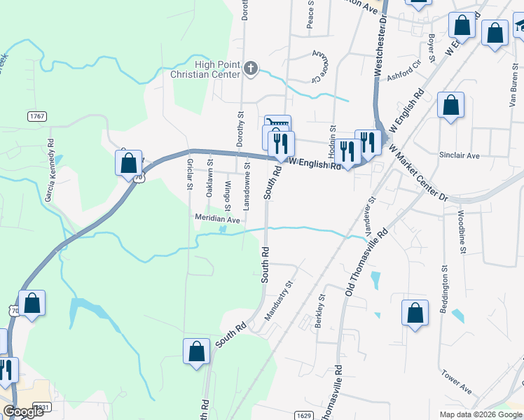 map of restaurants, bars, coffee shops, grocery stores, and more near 618 South Road in High Point