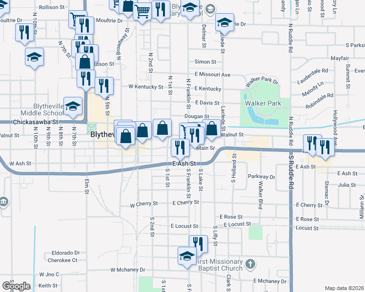 map of restaurants, bars, coffee shops, grocery stores, and more near 125 East Walnut Street in Blytheville