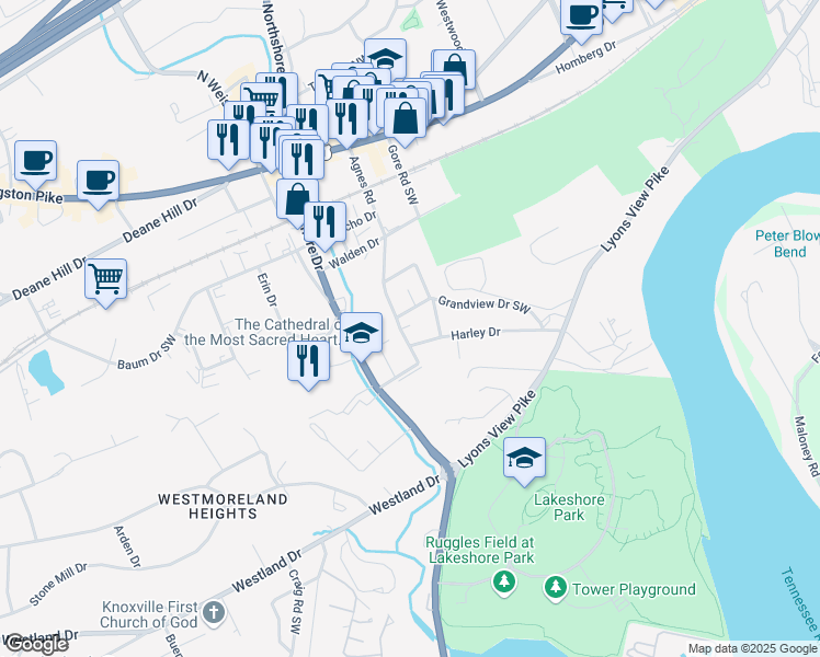 map of restaurants, bars, coffee shops, grocery stores, and more near 127 Sprankle Drive Southwest in Knoxville