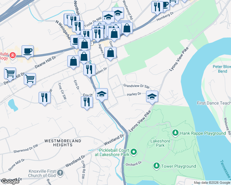 map of restaurants, bars, coffee shops, grocery stores, and more near 614 Agnes Road in Knoxville