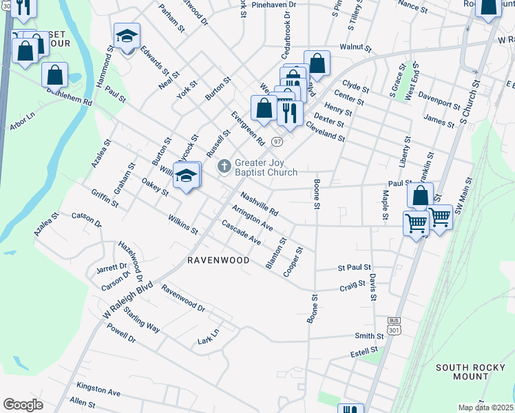 map of restaurants, bars, coffee shops, grocery stores, and more near 755 Nashville Road in Rocky Mount