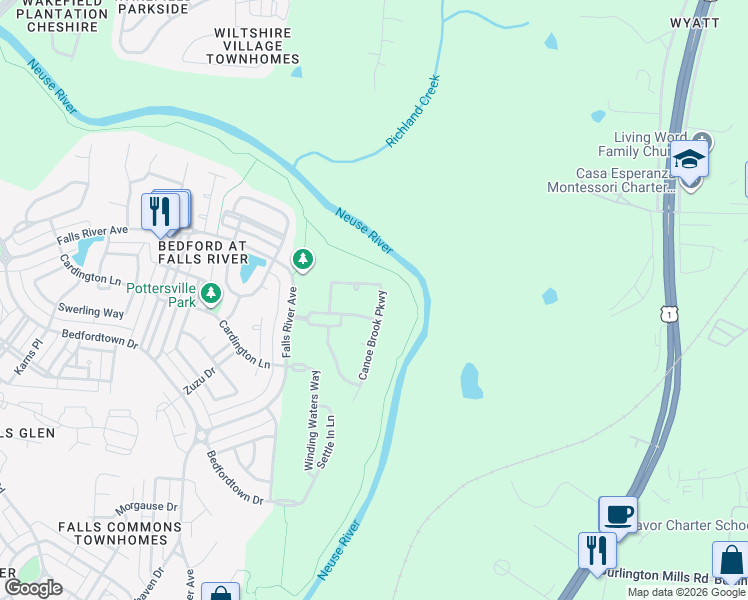 map of restaurants, bars, coffee shops, grocery stores, and more near 3304 Magical Place in Raleigh