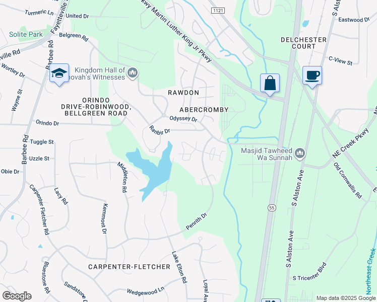 map of restaurants, bars, coffee shops, grocery stores, and more near 5214 Penrith Drive in Durham