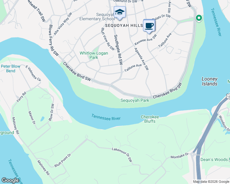 map of restaurants, bars, coffee shops, grocery stores, and more near 2062 Cherokee Boulevard in Knoxville