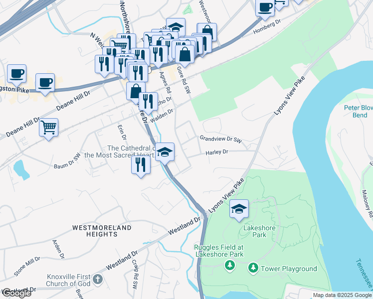 map of restaurants, bars, coffee shops, grocery stores, and more near 127 Sprankle Drive Southwest in Knoxville