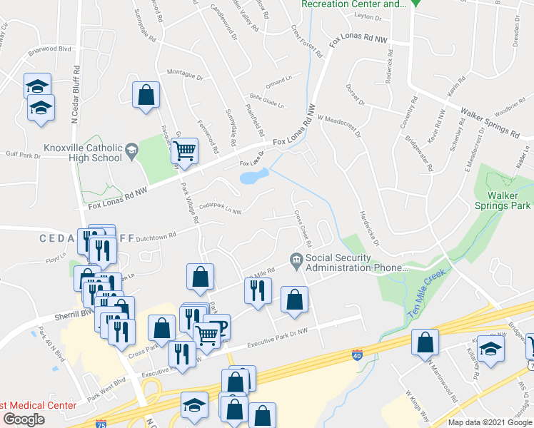 map of restaurants, bars, coffee shops, grocery stores, and more near 9120 Cedarpark Lane Northwest in Knoxville