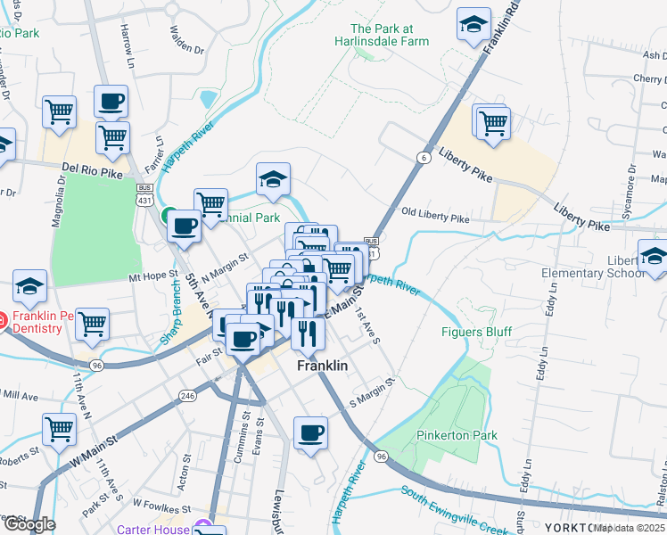 map of restaurants, bars, coffee shops, grocery stores, and more near 144 1st Avenue North in Franklin