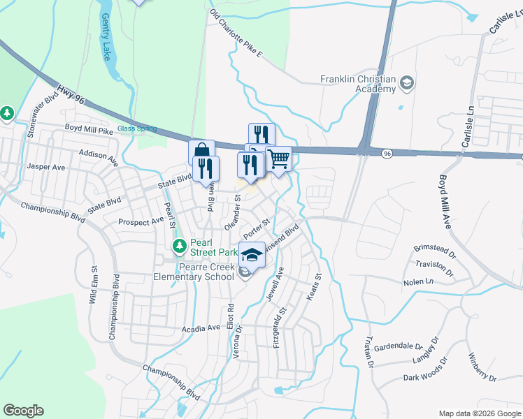 map of restaurants, bars, coffee shops, grocery stores, and more near 6000 Keats Street in Franklin