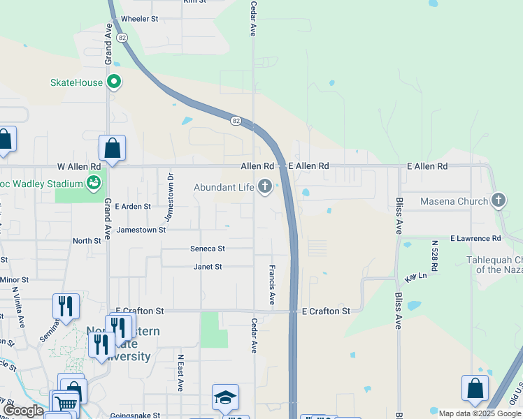 map of restaurants, bars, coffee shops, grocery stores, and more near 1300 Cedar Avenue in Tahlequah