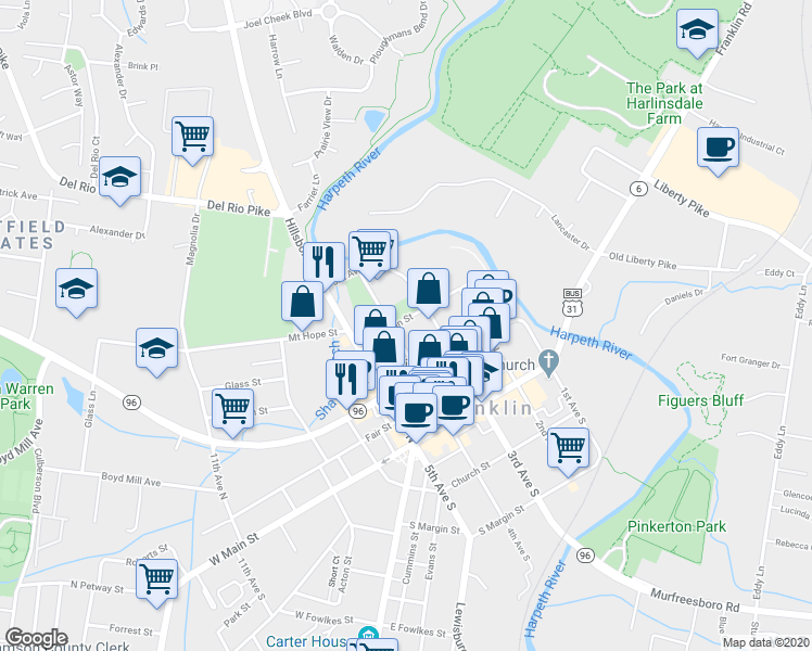 map of restaurants, bars, coffee shops, grocery stores, and more near 311 North Margin Street in Franklin