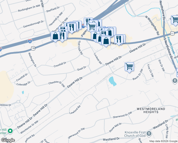 map of restaurants, bars, coffee shops, grocery stores, and more near 6904 Quail Drive in Knoxville