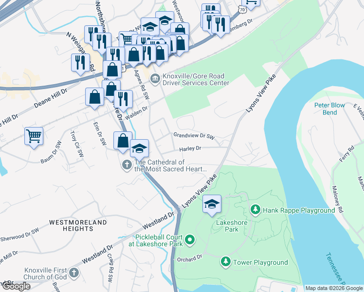 map of restaurants, bars, coffee shops, grocery stores, and more near 218 Harley Drive in Knoxville