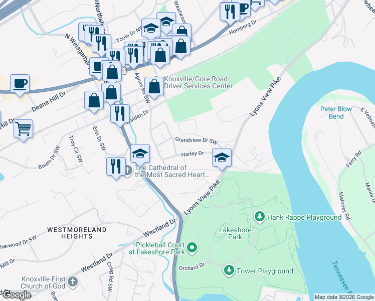 map of restaurants, bars, coffee shops, grocery stores, and more near 218 Harley Drive in Knoxville