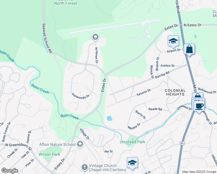 map of restaurants, bars, coffee shops, grocery stores, and more near 809 Ward Street in Chapel Hill