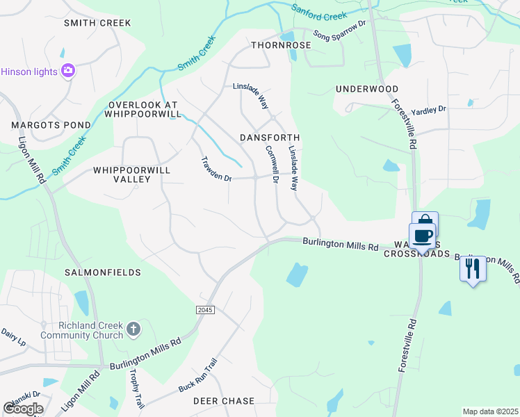 map of restaurants, bars, coffee shops, grocery stores, and more near 9024 Dansforeshire Way in Wake Forest