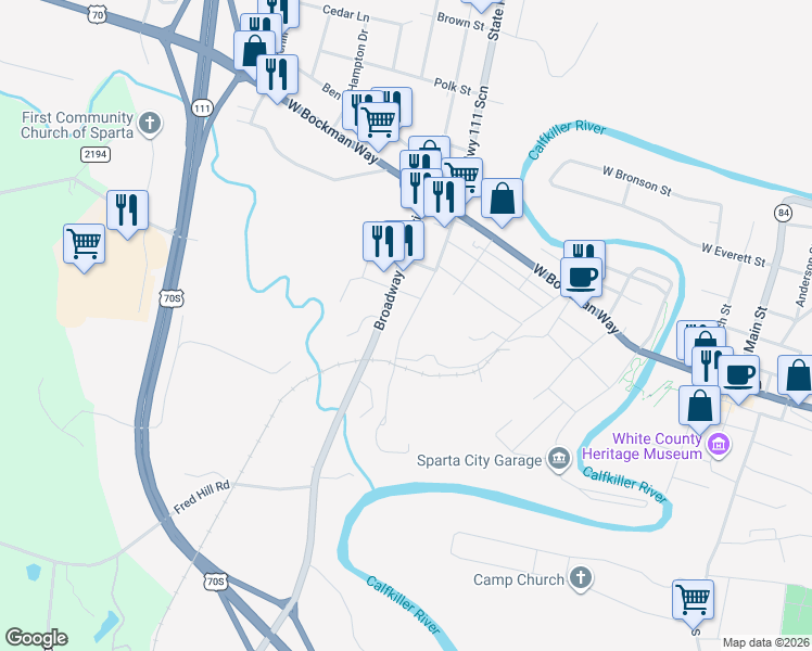 map of restaurants, bars, coffee shops, grocery stores, and more near 133 South Spring Street in Sparta
