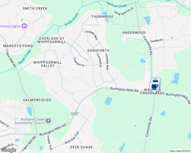 map of restaurants, bars, coffee shops, grocery stores, and more near 9024 Dansforeshire Way in Wake Forest