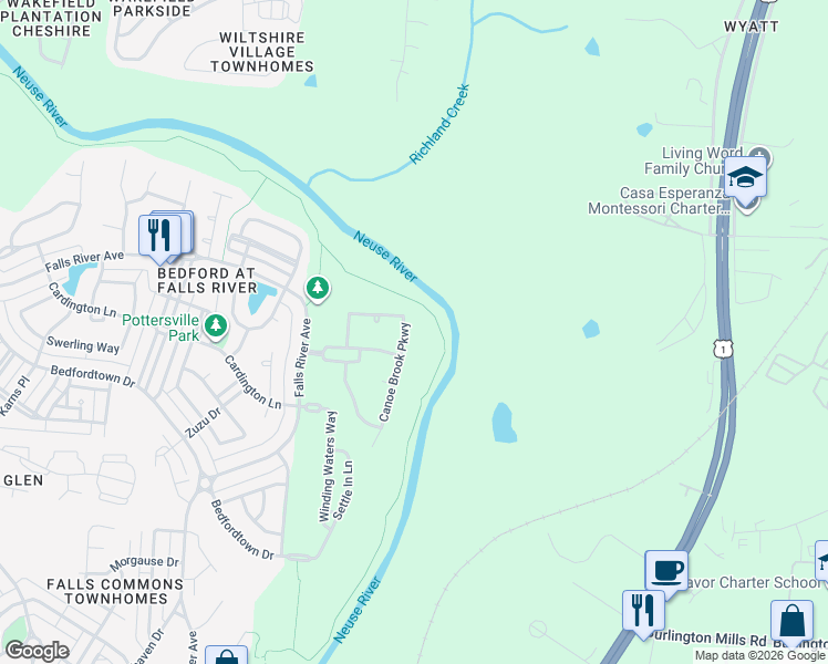 map of restaurants, bars, coffee shops, grocery stores, and more near 3316 Canoe Brook Parkway in Raleigh