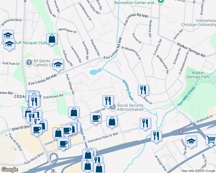 map of restaurants, bars, coffee shops, grocery stores, and more near 9005 Countryside Lane in Knoxville