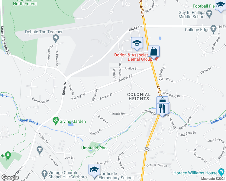 map of restaurants, bars, coffee shops, grocery stores, and more near 230 Severin Street in Chapel Hill