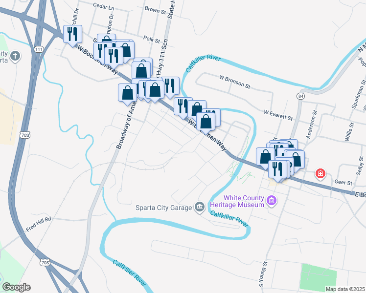 map of restaurants, bars, coffee shops, grocery stores, and more near Depot Street in Sparta