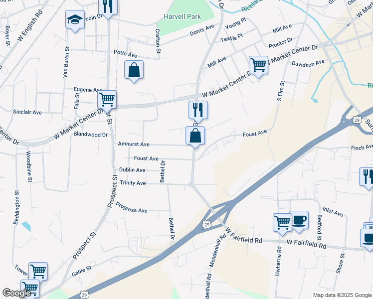 map of restaurants, bars, coffee shops, grocery stores, and more near 332 Amhurst Avenue in High Point