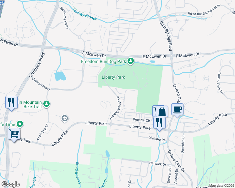 map of restaurants, bars, coffee shops, grocery stores, and more near 2010 Turning Wheel Lane in Franklin