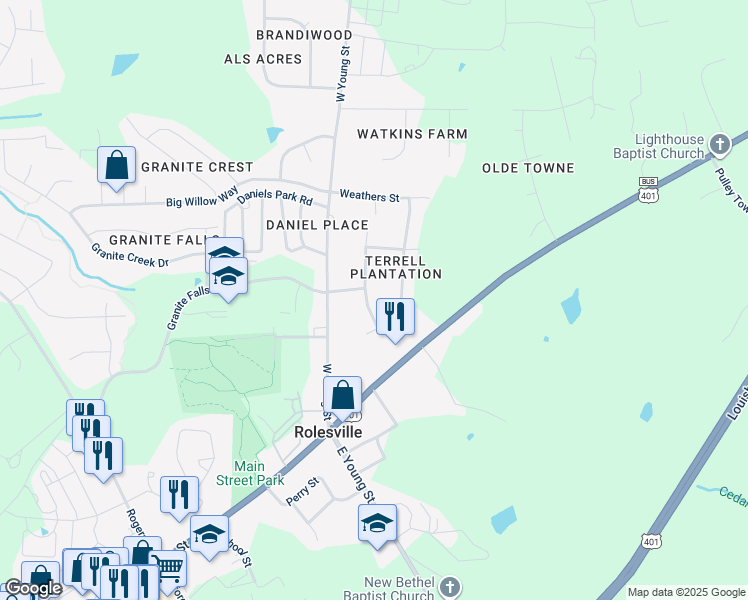 map of restaurants, bars, coffee shops, grocery stores, and more near 112 Terrell Drive in Rolesville