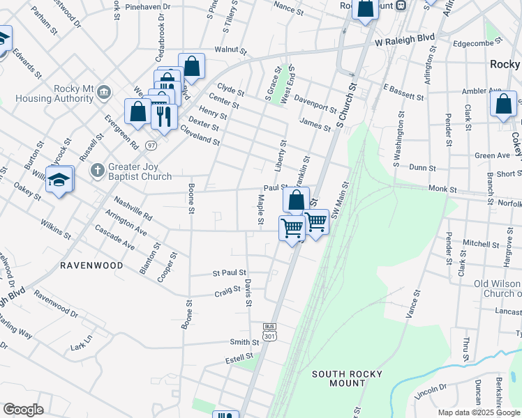 map of restaurants, bars, coffee shops, grocery stores, and more near 1320 Maple Street in Rocky Mount