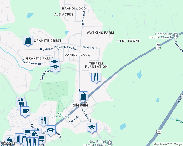 map of restaurants, bars, coffee shops, grocery stores, and more near 112 Terrell Drive in Rolesville