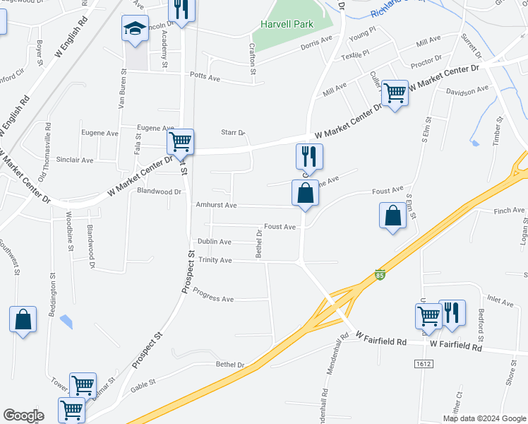 map of restaurants, bars, coffee shops, grocery stores, and more near 326 Amhurst Avenue in High Point