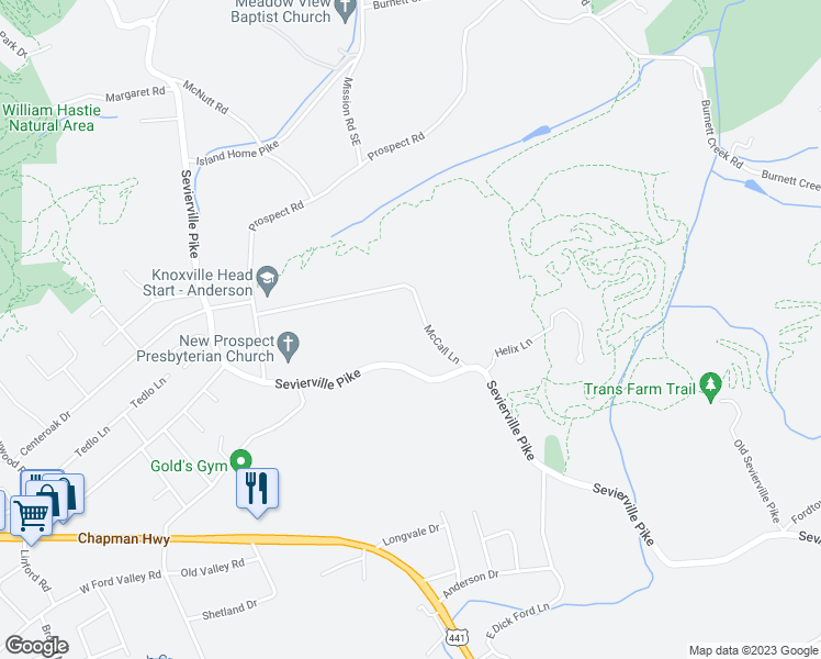 map of restaurants, bars, coffee shops, grocery stores, and more near 1114 McCall Lane in Knoxville