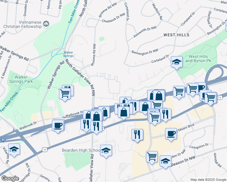 map of restaurants, bars, coffee shops, grocery stores, and more near 8351 Block House Way in Knoxville
